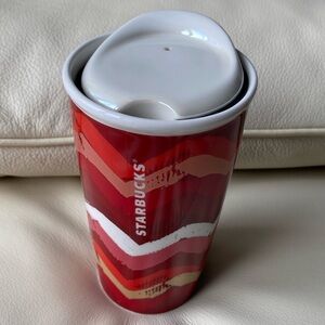 2014 Starbucks Coffee Ceramic Travel Tumbler Mug Red Chevron Pattern 10 fl oz